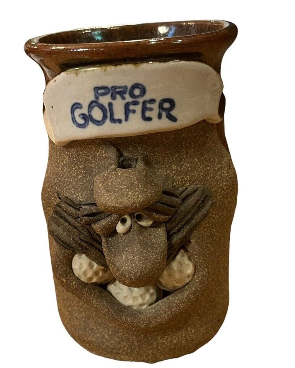 Vintage Mark Heins Handmade Funny Face Stoneware Mug PRO GOLFER Goatee Beard